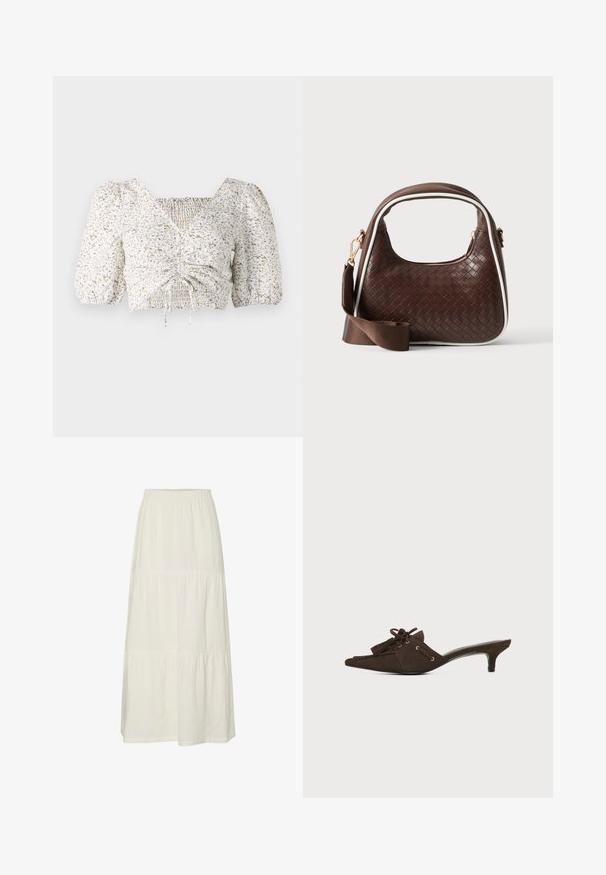 Blouse blanche à manches courtes avec imprimé floral beige et bleu. Présente un devant smocké et un décolleté carré avec des cordons de serrage.; Jupe maxi blanche à plusieurs niveaux, en tissu léger et texturé, dotée d'une taille élastique. Comprend trois sections de tissu distinctes.; Mule en daim marron avec bout pointu, petit talon kitten, lacets noués en nœud et détails à pompons sur fond blanc.; Sac à main en cuir tressé marron avec passepoil blanc, fermeture éclair dorée et bandoulière amovible en tissu marron.