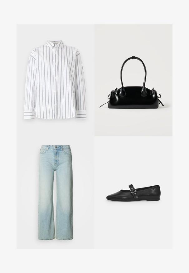 Chemise en coton blanc à boutons avec des rayures verticales bleu marine, un col classique et des manches longues avec des poignets à rayures. Texture douce.; Jean large en denim bleu clair avec un effet délavé, design à cinq poches et fermeture par bouton en métal à la taille. Coupe droite et épurée.; Chaussure plate en cuir noir avec un bout arrondi, une seule sangle réglable à boucle et une texture lisse et brillante. Design minimaliste avec un petit talon.; Petit sac à main noir brillant avec deux longues anses et des détails à cordon sur les côtés sur un fond clair uni.