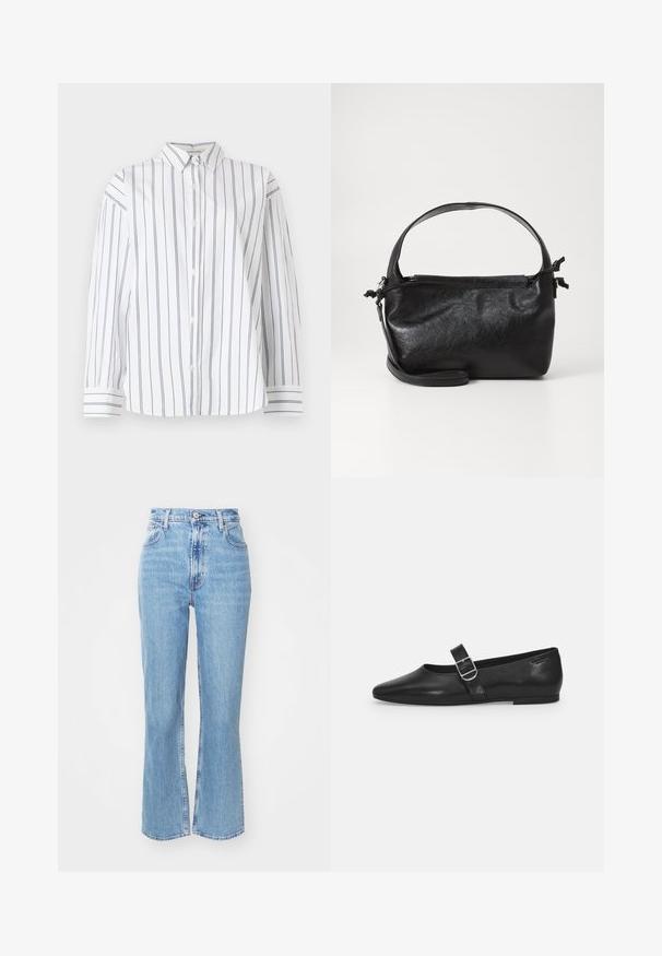 Hvid bomulds skjorte med knapper og lodrette marineblå striber, en klassisk krave og lange ærmer med stribede manchetter. Blød tekstur.; Lysblå højtaljede jeans med udvidet ben. Lavet af denim, med fem lommer og knaplukning foran. Bleg tøjpåvirkning.; Sorte læder flade sko med rund tå, et enkelt justerbart spænde og en glat, blank overflade. Minimalistisk design med en lav hæl.; Sort læderhåndtaske med et struktureret design, rund tophåndtag og aftagelig skulderrem. Den har en glat tekstur og en subtil glans.