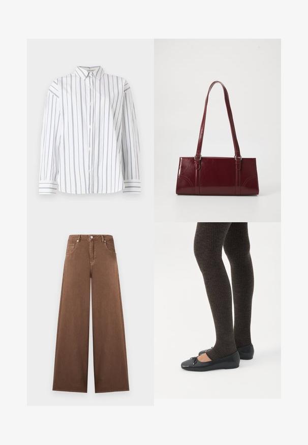 Chemise en coton blanc à boutons avec des rayures verticales bleu marine, un col classique et des manches longues avec des poignets à rayures. Texture douce.; Jean en denim marron à jambes larges avec taille haute, fermeture à boutons et fermeture éclair sur le devant, et design à cinq poches.; Jambes portant des leggings côtelés foncés associés à des ballerines noires avec de petits détails en nœud sur fond blanc.; Sac à main bordeaux en matériau brillant, de forme rectangulaire, avec deux anses et des accents légèrement courbés à l'avant.