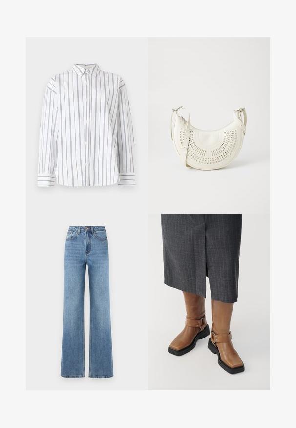 Hvid bomulds skjorte med knapper og lodrette marineblå striber, en klassisk krave og lange ærmer med stribede manchetter. Blød tekstur.; Lyseblå denim bredbenede bukser med høj talje, featuring en knaplukning, fire lommer og en ren kant med subtil blegning.; Brune læder knæhøje støvler med firkantet tå, sort gummisål og justerbar spænde-detalje. Båret med en grå stribet nederdel.; Hvid vegan læder skuldertaske med perforeret cirkulært design, justerbar strop og indgraveret logo foran. Lynlåslukning øverst.