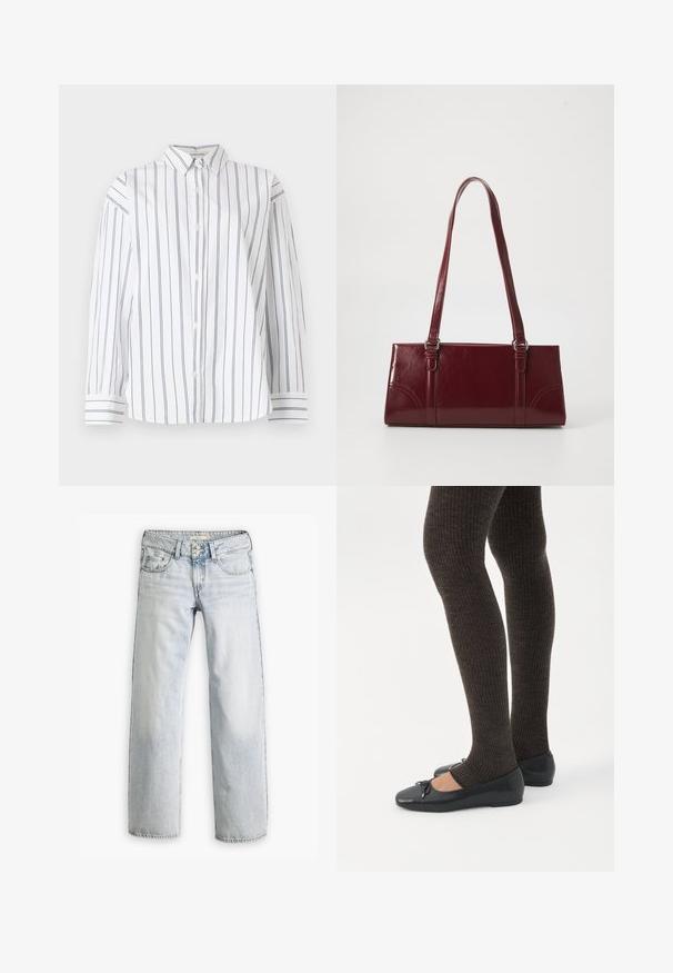Hvid bomulds skjorte med knapper og lodrette marineblå striber, en klassisk krave og lange ærmer med stribede manchetter. Blød tekstur.; Lyseblå denimjeans med en afslappet pasform, høj talje og fem-lomme design. Har syning detaljer og knaplukning.; Ben iført mørke ribbede leggings kombineret med sorte balletsko med små sløjfedetaljer på hvid baggrund.; Bordeaux håndtaske lavet af glansfuldt materiale, rektangulær form, med to skulderremme og subtile buede detaljer på forsiden.
