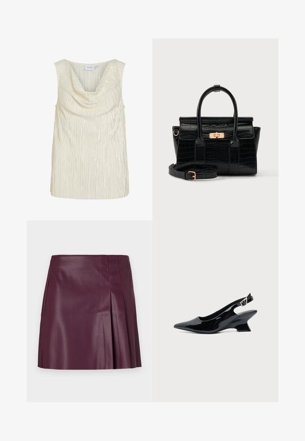 Débardeur sans manches en crème avec un col drapé et un motif texturé en côtes. Tissu lisse avec un léger éclat.; ONLY ONLARTZY Short - Minijupe - mauve wine; Chaussure slingback en cuir verni noir avec bout pointu et petit talon bloc incliné sur fond clair uni.; Sac à main noir à texture crocodile, avec deux poignées, une bandoulière amovible et un fermoir rectangulaire doré sur le rabat avant.