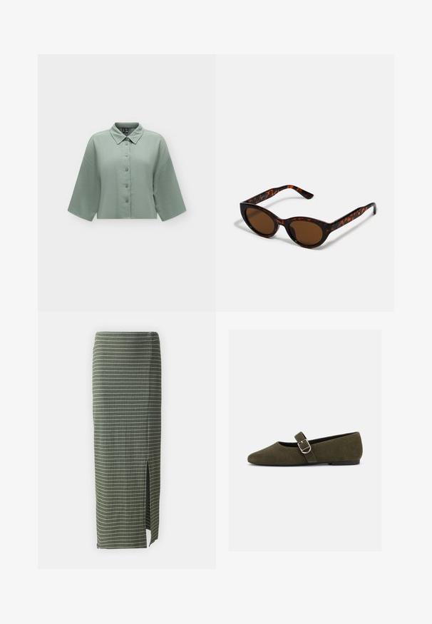 Chemise courte texturée vert clair avec manches larges et boutons sur le devant, présentée sur fond uni.; Jupe midi à rayures vertes avec une fente sur le côté. Fabriquée en tissu côtelé avec de fines lignes blanches. Design droit, sans fermetures visibles.; Chaussure plate Mary Jane en daim vert olive avec bride à boucle argentée et bout arrondi, présentée sur fond blanc.; Lunettes de soleil en écaille de tortue marron avec une forme vintage de lunettes cat-eye et des verres marron. Présente des branches courbées avec des accents rouges.