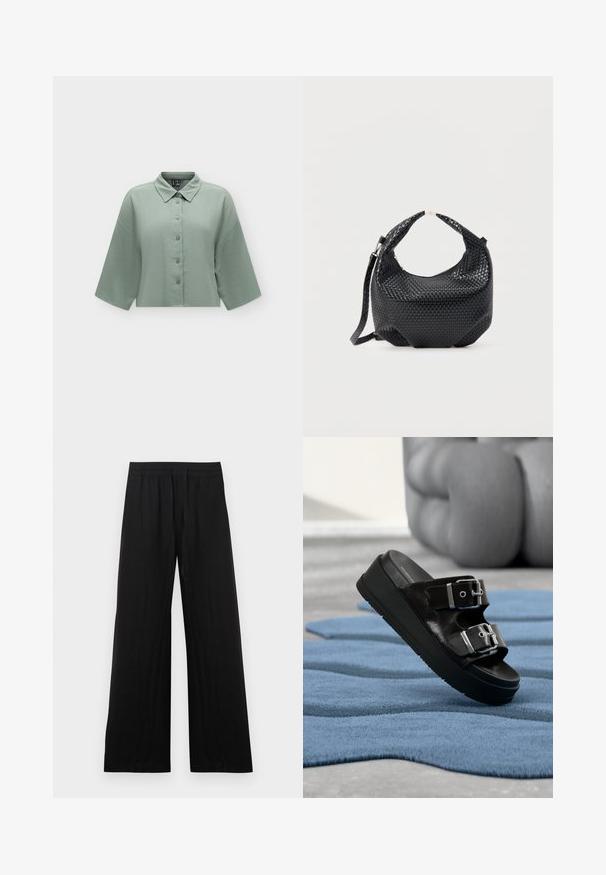 Chemise courte texturée vert clair avec manches larges et boutons sur le devant, présentée sur fond uni.; Pantalon large noir en coton. Doté d'une taille élastique et d'une finition lisse et texturée. Sans motifs ni accents visibles.; Sandale noire à glissière avec deux boucles argentées, semelle compensée, posée sur un tapis bleu texturé avec des meubles beiges flous en arrière-plan.; Sac à main en cuir tressé noir avec poignée courte et bandoulière amovible, présenté sur un fond clair uni.