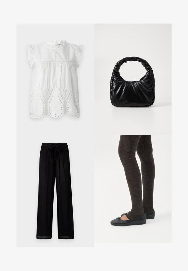 Blusa de algodón blanca con mangas de capucha con volantes, un cuello alto y detalles de bordado de ojales en el dobladillo con un patrón de paisley.; Pantalones negros de pierna ancha con una tela texturizada, que presentan una cintura atada y un corte relajado. El dobladillo es ligeramente transparente con una silueta recta.; Piernas con leggings oscuros acanalados combinados con bailarinas negras que presentan pequeños detalles de lazo sobre un fondo blanco.; Bolso negro acolchado con un asa redondeada, que presenta una superficie lisa y brillante y una textura suave y acolchada. Sin herrajes ni acentos visibles.