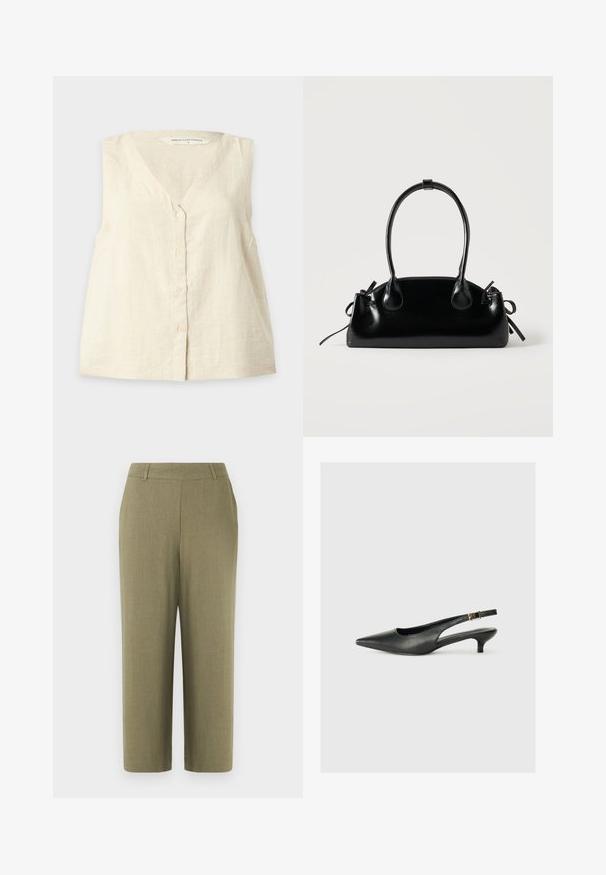 Blouse sans manches beige clair à boutons avec col en V et quatre petits boutons devant, en tissu léger texturé.; Pantalon droit vert olive avec taille mi-haute et passants pour ceinture, fabriqué en tissu texturé, présenté sur un fond blanc.; Chaussure slingback noire à bout pointu en cuir lisse. Présente un talon fin et un détail de boucle sur la sangle réglable.; Petit sac à main noir brillant avec deux longues anses et des détails à cordon sur les côtés sur un fond clair uni.