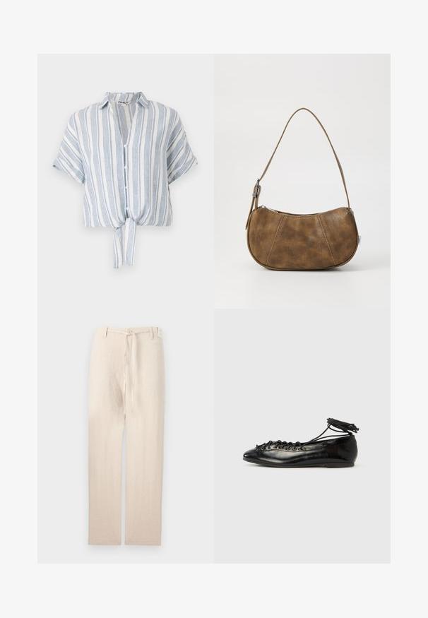 Kortærmet cropped skjorte i let materiale, med blå og hvide lodrette striber, knaplukning foran og bindebånd detaljeret i taljen.; Beige linnedragt med lige ben-design, der har en knaplukning og stofbånd i taljen, hvilket giver et let og struktureret udseende.; Sorte balletflade sko i laklæder med rundet tå, snørelukning og flad sål. Glat tekstur med få detaljer.; Brun faux læder skuldertaske med en buet form, en enkelt strop, kontrasterende syninger og en lynlåslukning langs den øverste kant.