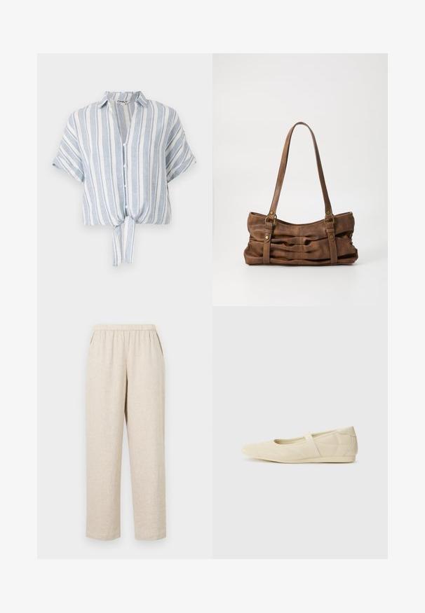 Kortærmet cropped skjorte i let materiale, med blå og hvide lodrette striber, knaplukning foran og bindebånd detaljeret i taljen.; Beige linnedragter med elastisk talje, der har sidelommer, lige ben og en tekstureret overflade.; Lysebrune ballet flats med en glat læderoverflade, mandelformet tå og elastisk rem over vristen, med diskrete syninger.; Even&Odd by Zalando Håndtasker - brown