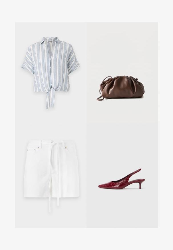 Kortærmet cropped skjorte i let materiale, med blå og hvide lodrette striber, knaplukning foran og bindebånd detaljeret i taljen.; Hvide denimshorts med snørre i taljen, der har to forlommer og en glat tekstur. Designet er enkelt og klassisk uden mønstre.; Bordeaux læder slingback pumpe med krokodillestruktur, spidse tæer, justerbar spænde rem og lav kitten hæl på en hvid baggrund.; Blød brun læderpung med samlet top og tynd strop, hvilende på hvid baggrund.