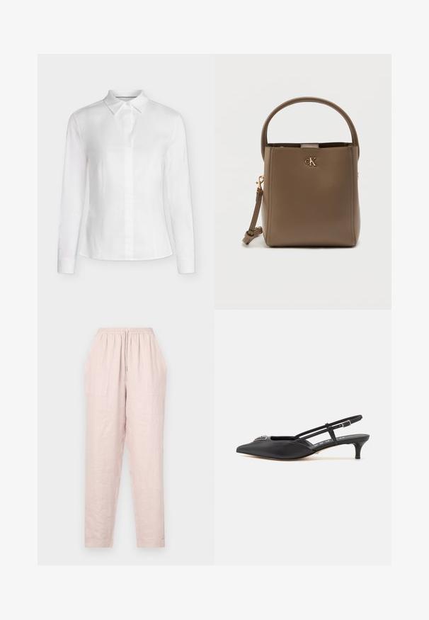 Chemisier blanc ajusté à manches longues, col pointu, boutonné devant avec des coutures cintrées, présenté sur un fond uni.; Pantalons en lin rose clair avec taille à cordon, poches latérales et coupe ample. L'ourlet est fuselé avec une texture lisse.; Chaussures noires à talon slingback avec un bout pointu, en matériau lisse, dotées d'un petit talon et d'un accent décoratif en argent sur le dessus.; Sac à main synthétique marron au design structuré, avec une courte poignée, une bandoulière amovible et un accent logo doré.