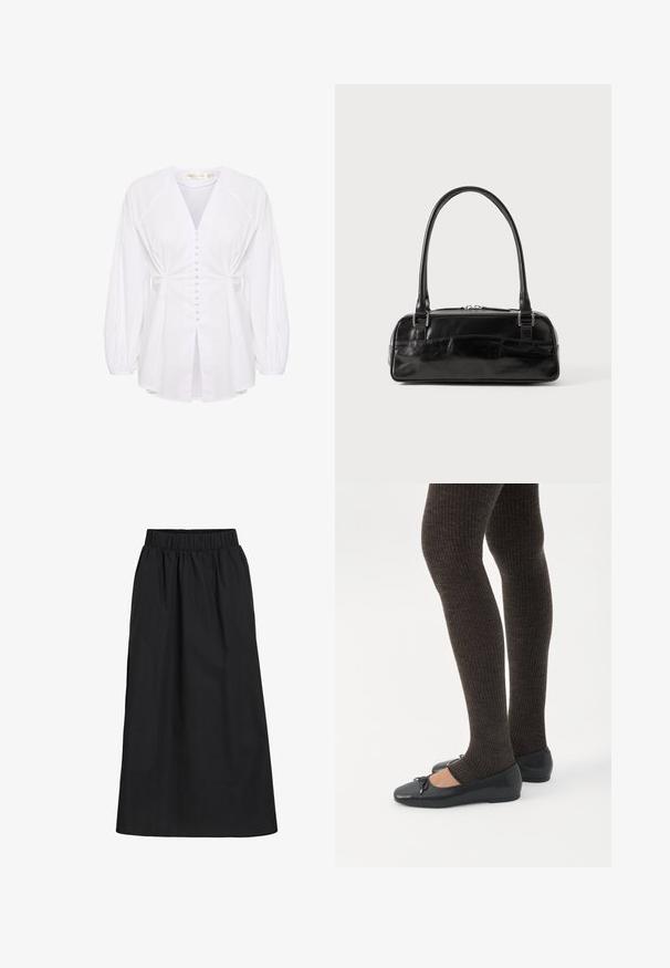 Valge puuvillane blouse, millel on sügav V-kaelus, nööbiga esiosa, kogutud varrukad ja vöökoht rõhutav disain. Sile tekstuur, kerge.; Must mustefaldi, põlveliige seelik, mis on valmistatud pehmest ja kergest kangast. Omab elastset vöökohta ja lihtsat, voolavat disaini ilma kaunistusteta.; Jalad seljas tumedad soonelises soonelises kombines mustade baleriinadega, millel on väikesed paelade detailid valgel taustal.; Must must beebkott, millel on ristkülikuline kuju, ühekordne tahke käepide, hõbedased detailid ja lukuga sulgemine. Sile tekstuur.