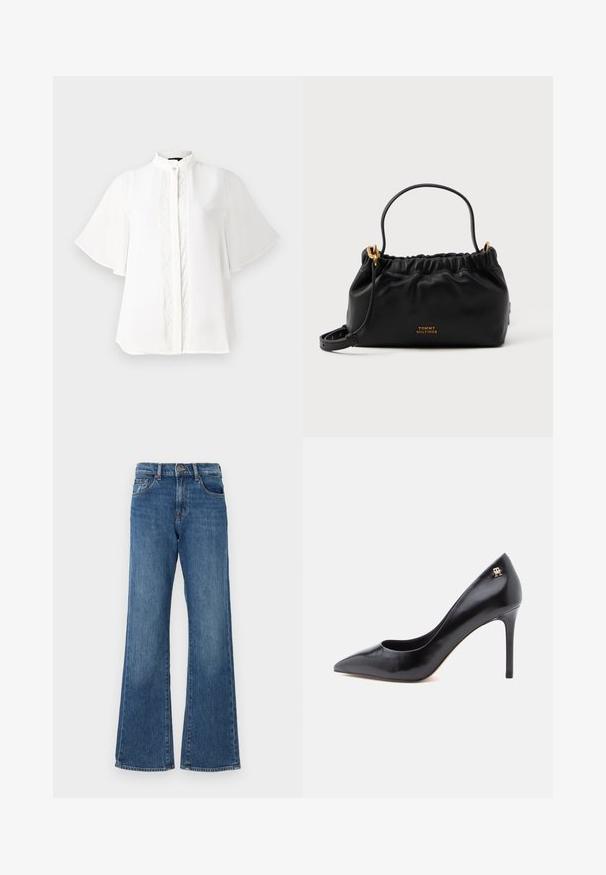 Blusa blanca con cuello alto, mangas cortas con volante y delicados bordados verticales en la parte frontal. Tejido suave y ligero.; Jean de mezclilla azul acampanados con una cintura alta, que cuentan con cinco bolsillos y un cierre de botón. La tela tiene un acabado ligeramente desgastado.; Zapato de tacón alto de cuero negro con punta puntiaguda, con un diseño recortado y un pequeño detalle de logo dorado en el talón.; Bolso de piel negra con parte superior fruncida, una asa corta y una correa de hombro removible. Presenta un acento de logo dorado y una textura suave.