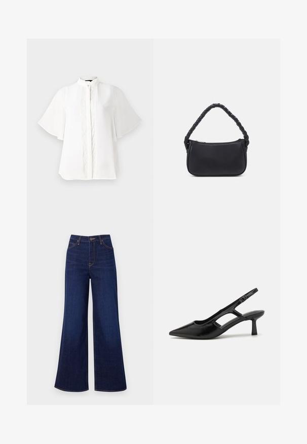 Blusa blanca con cuello alto, mangas cortas con volante y delicados bordados verticales en la parte frontal. Tejido suave y ligero.; Jeans de pierna ancha de un azul oscuro, hechos de denim, con una cintura alta, diseño de cinco bolsillos y costuras naranjas contrastantes a lo largo de las costuras.; Tacones de slingback negros con punta afilada, hechos de material brillante, que presentan acentos recortados y un tacón moderado para mayor soporte.; Bolso negro de forma redondeada, hecho de material liso. Presenta un asa trenzada y un cierre de cremallera para un almacenamiento seguro.