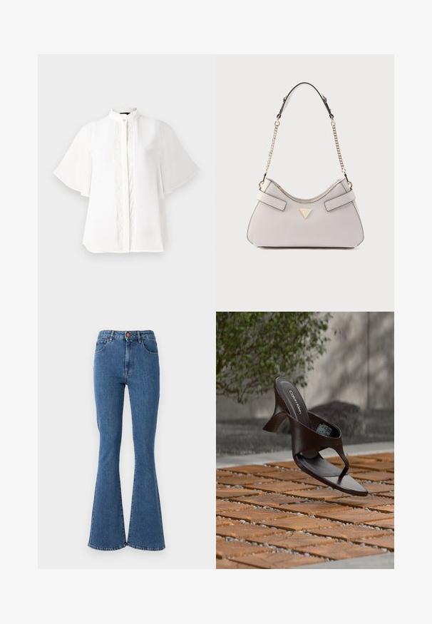 Blusa blanca con cuello alto, mangas cortas con volante y delicados bordados verticales en la parte frontal. Tejido suave y ligero.; Jeans de mezclilla azul de tiro alto con pierna acampanada. Cuenta con cinco bolsillos y un cierre frontal con botón. Detalle de costura a lo largo de las costuras.; Sandalia de tiras con tacón marrón de Calvin Klein suspendida sobre suelo exterior de loseta de madera y grava, con fondo desenfocado de vegetación y piedras.; Bolso de mano de cuero gris con forma curva, acentuado por dos correas planas y un logo en tono dorado. Cuenta con una correa de cadena para el hombro.