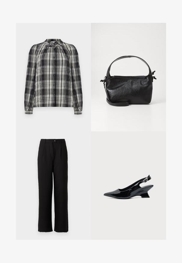 Blouse à carreaux noir et blanc, boutonnée, avec des manches longues, une texture plissée et un col rond. Comprend des fermetures à boutons et des poignets ajustés.; Pantalon noir en tissu lisse, avec une coupe droite, des plis sur le devant et une fermeture à bouton standard à la taille.; Chaussure slingback en cuir verni noir avec bout pointu et petit talon bloc incliné sur fond clair uni.; Sac à main en cuir noir au design structuré, avec une poignée arrondie et une bandoulière amovible. Présente une texture lisse et un éclat subtil.