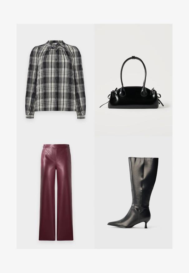 Blouse à carreaux noir et blanc, boutonnée, avec des manches longues, une texture plissée et un col rond. Comprend des fermetures à boutons et des poignets ajustés.; Pantalons en simili cuir bordeaux à jambe large, avec une texture lisse et des boutons décoratifs à la taille.; Botte en cuir noire montant jusqu'au genou, avec un bout pointu et un petit talon bas, présentée sur un fond clair uni.; Petit sac à main noir brillant avec deux longues anses et des détails à cordon sur les côtés sur un fond clair uni.