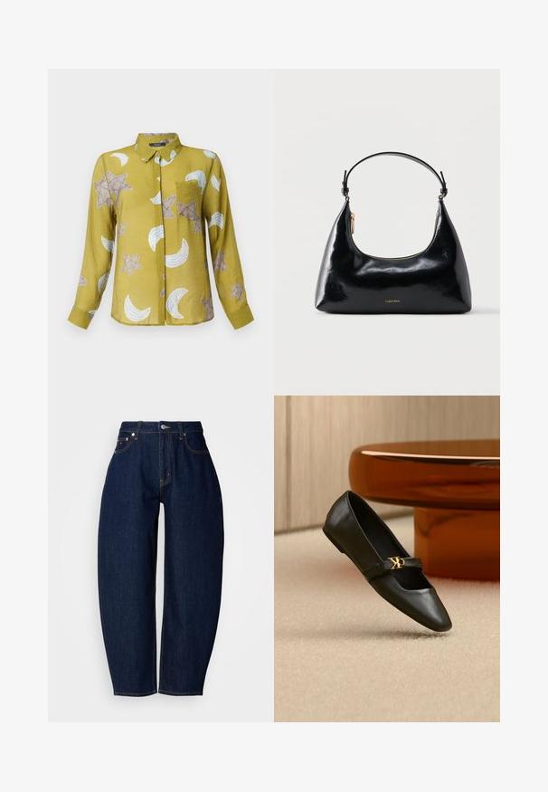 Langærmet skjorte med krave i olivengrøn med stjerne- og halvmånemønstre i beige og hvid. Letvægtsstof med en glat tekstur.; Mørkeblå denim jeans med en afslappet pasform, lige ben, fem lomme-design og kontrasterende gule syninger. Metal knaplukning i taljen.; Sort læder flad sko med spids tå og gyldent CK-logo på rem, placeret på beige tæppe nær et rundt ravbrunt bord.; Sort blank Calvin Klein håndtaske med gyldent lynlås og kort rem mod en ensfarvet hvid baggrund.
