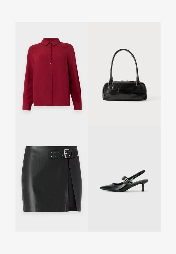 Rotes Hemd mit Knopfverschluss, Kragen, langen Ärmeln und strukturiertem Stoff. Verfügt über dunkle Knöpfe und einen geraden Saum für einen maßgeschneiderten Look.; Schwarzer Kunstleder-Minikilt mit verstellbarem Gürtel, der über eine silberne Schnalle und Nieten verfügt. Vorderes Wickeldesign und glatte Textur.; Schwarze Lackleder Slingback-Absätze mit spitzem Zeh und kleinem Blockabsatz, ausgestattet mit einem silbernen Schnallenakzent am Riemen.; Schwarze Lederhandtasche in rechteckiger Form, mit einem stabilen Griff, silbernem Zubehör und Reißverschluss. Glatte Textur.