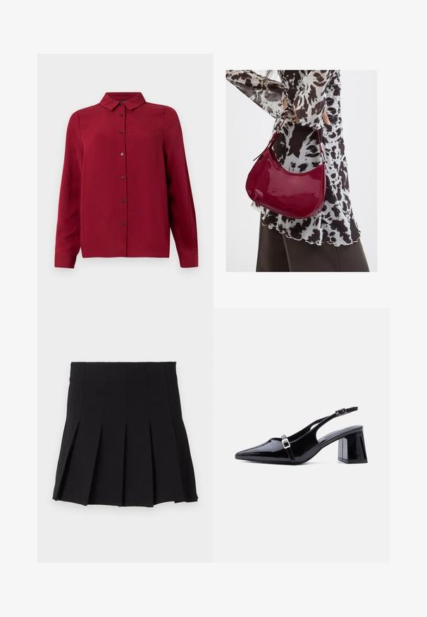 Rotes Hemd mit Knopfverschluss, Kragen, langen Ärmeln und strukturiertem Stoff. Verfügt über dunkle Knöpfe und einen geraden Saum für einen maßgeschneiderten Look.; Schwarzer gefalteter Rock mit einem taillierten Bund, aus einem glatten Stoff gefertigt. Verfügt über mehrere vertikale Falten für eine strukturierte Silhouette.; Schwarzer Slingback-Absatz aus Lackleder mit spitzer Zehenpartie, niedrigem Blockabsatz und zwei kleinen silbernen Schnallen an den Riemen.; Frau trägt eine schwarz-weiß gemusterte Bluse und hält eine glänzende rote Schultertasche vor einem einfarbigen Hintergrund.