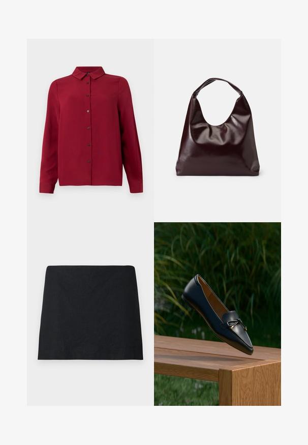 Rotes Hemd mit Knopfverschluss, Kragen, langen Ärmeln und strukturiertem Stoff. Verfügt über dunkle Knöpfe und einen geraden Saum für einen maßgeschneiderten Look.; Schwarzer, gerade geschnittener Minirock mit schlichtem Design und ohne sichtbare Muster oder Verzierungen, dargestellt vor einfarbig weißem Hintergrund.; Schwarzer Lederloafer mit Schleifendetail, der über einer Holzbank schwebt, mit grünem Gras und Pflanzen im Hintergrund.; Burgunderfarbene, glänzende tote Bag aus veganem Leder mit einer weichen, skulpturalen Form und einem breiten, geschwungenen Henkel für einfaches Tragen.