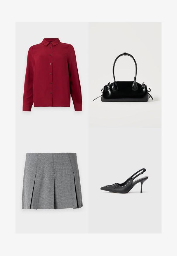 Rode button-up shirt met een kraag, lange mouwen en een gestructureerde stof. Bevat donkergekleurde knopen en een rechte zoom voor een getailleerde look.; Grijze geplooide mini-jurk gemaakt van textuurstof, met een ruitpatroon en een rechte snit met splitdetails aan de zijkant.; Zwarte leren slingback stiletto met spitse neus, zijgesp met gesp, studs langs de rand en decoratieve veters aan de voorkant.; Kleine zwarte glanzende handtas met twee lange hengsels en zijkant trekkoord details op een effen lichte achtergrond.