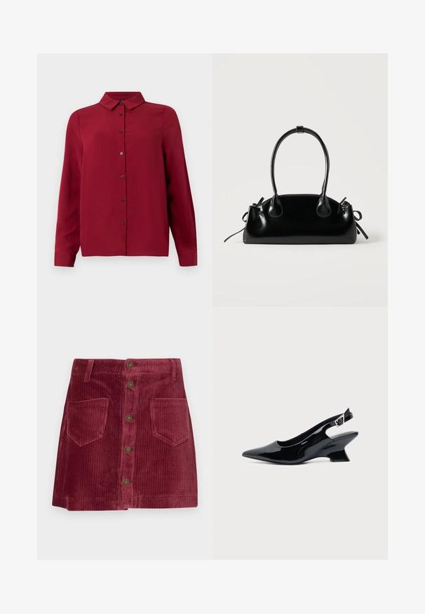 Rotes Hemd mit Knopfverschluss, Kragen, langen Ärmeln und strukturiertem Stoff. Verfügt über dunkle Knöpfe und einen geraden Saum für einen maßgeschneiderten Look.; Minirock aus Cord in tiefrot mit vorderem Knopfverschluss, zwei aufgesetzten Taschen vorne und Gürtelschlaufen.; Schwarzer Slingback-Schuh aus Lackleder mit spitzer Spitze und niedrigem, schrägem Blockabsatz auf einfachem hellem Hintergrund.; Kleine schwarze glänzende Handtasche mit zwei langen Griffen und seitlichen Kordelzug-Details vor einfachem hellem Hintergrund.