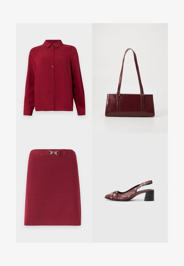 Rode button-up shirt met een kraag, lange mouwen en een gestructureerde stof. Bevat donkergekleurde knopen en een rechte zoom voor een getailleerde look.; Bordeauxrode rok tot op de knie met lussen voor een riem en een gouden paardenbitgespdetail aan de tailleband.; Bordeaux leren slingback schoen met een ronde neus, gebogen ontwerp, zilveren hardware accenten en een blokhak. Textuurafwerking.; Bourgondische handtas van glanzend materiaal, rechthoekige vorm, met twee schouderbanden en subtiele gebogen accenten aan de voorkant.