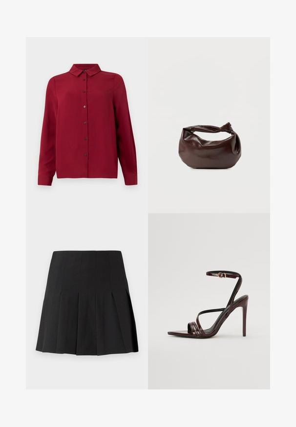 Rotes Hemd mit Knopfverschluss, Kragen, langen Ärmeln und strukturiertem Stoff. Verfügt über dunkle Knöpfe und einen geraden Saum für einen maßgeschneiderten Look.; Schwarzer plissierter Minirock aus leichtem Stoff. Verfügt über einen taillierten Bund und scharfe Messerfalten für ein strukturiertes Aussehen.; Bordeaux-farbenes Lackleder-High-Heel-Sandale mit einem Knöchelriemen, spitzem Zehenbereich und drei horizontalen Riemen über dem Fuß. Details mit goldfarbener Schnalle.; Dunkelbraune Lederschultertasche mit weicher, lockerer Form und einem gedrehten Knotengriff vor schlichtem weißem Hintergrund.