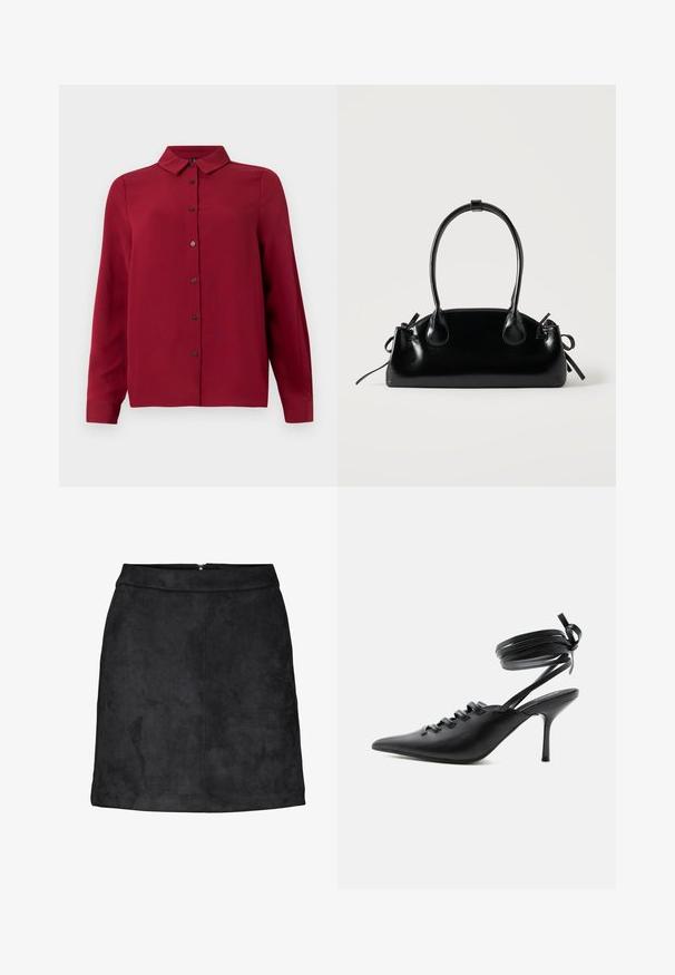 Rotes Hemd mit Knopfverschluss, Kragen, langen Ärmeln und strukturiertem Stoff. Verfügt über dunkle Knöpfe und einen geraden Saum für einen maßgeschneiderten Look.; Schwarzer Minirock aus Wildleder mit glatter Textur, geradem Schnitt und einem verdeckten Reißverschluss hinten. Minimalistisches Design ohne sichtbare Muster oder Akzente.; Schwarzer spitzer High-Heel-Schuh mit Schnürung vorne und wickelnden Knöchelriemen, die zu einer Schleife gebunden sind, von der Seite auf weißem Hintergrund gezeigt.; Kleine schwarze glänzende Handtasche mit zwei langen Griffen und seitlichen Kordelzug-Details vor einfachem hellem Hintergrund.