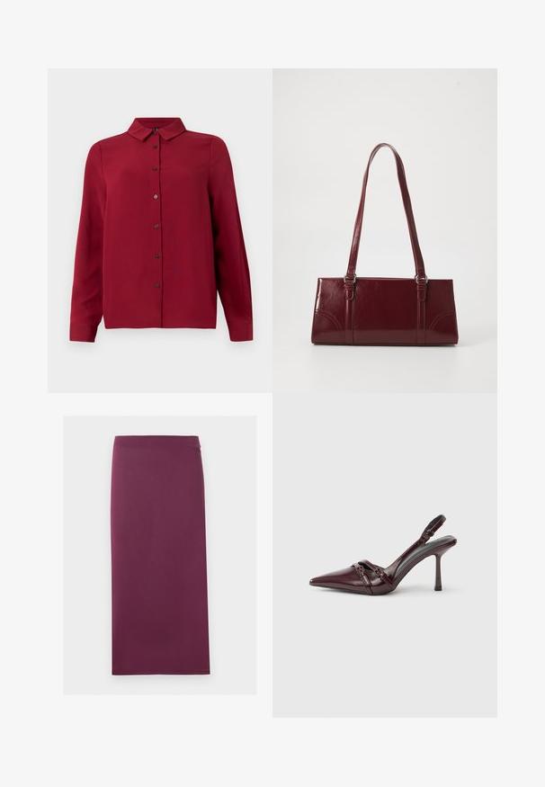 Rotes Hemd mit Knopfverschluss, Kragen, langen Ärmeln und strukturiertem Stoff. Verfügt über dunkle Knöpfe und einen geraden Saum für einen maßgeschneiderten Look.; Einfarbiger Bleistiftrock in Pflaumenfarbe mit geradem Schnitt und mittlerer Länge, flach auf weißem Hintergrund dargestellt.; Bordeauxroter Slingback-Pumps aus Lackleder mit spitz zulaufender Vorderkappe, dünnem Knöchelriemen und kleiner dekorativer Schnalle. Glatte Textur und hoher Absatz.; Burgunderfarbene Handtasche aus glänzendem Material, rechteckige Form, mit zwei Schulterriemen und subtilen, geschwungenen Akzenten an der Vorderseite.