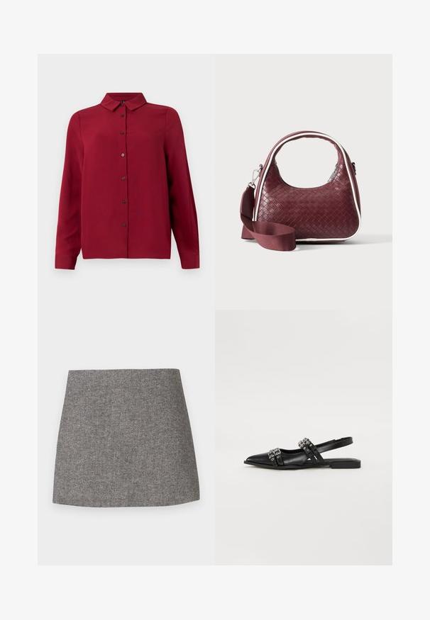 Rotes Hemd mit Knopfverschluss, Kragen, langen Ärmeln und strukturiertem Stoff. Verfügt über dunkle Knöpfe und einen geraden Saum für einen maßgeschneiderten Look.; Rock mit Fischgrätenmuster aus grauem Stoff, mit figurbetonter Silhouette, glatter Textur und einem sauberen, geraden Saum.; Even&Odd Sling-Ballerina - black; Dunkelrote gewebte Ledertasche mit gebogenem Griff, weißem Besatz, silbernem Reißverschluss und abnehmbarem breitem Stoff-Schulterriemen vor einfarbigem Hintergrund.