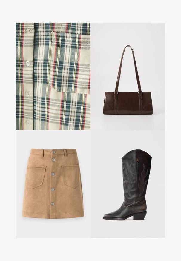 Rutet skjorte i creme med mørkegrønne, røde og gule accentuer. Har en lomme og runde knapper, lavet af et blødt, vævet stof.; Tan suede nederdel med en tætsiddende form, fem metalliske frontknapper og to forlommer, der har en glat tekstur og rene kanter.; Sort læder cowboystøvle med flammesymmetrisk syning og en medium skrå hæl på en ensfarvet baggrund.; Brun lakeret håndtaske med rektangulær form, to lange håndtag og subtile buede detaljer på fronten.