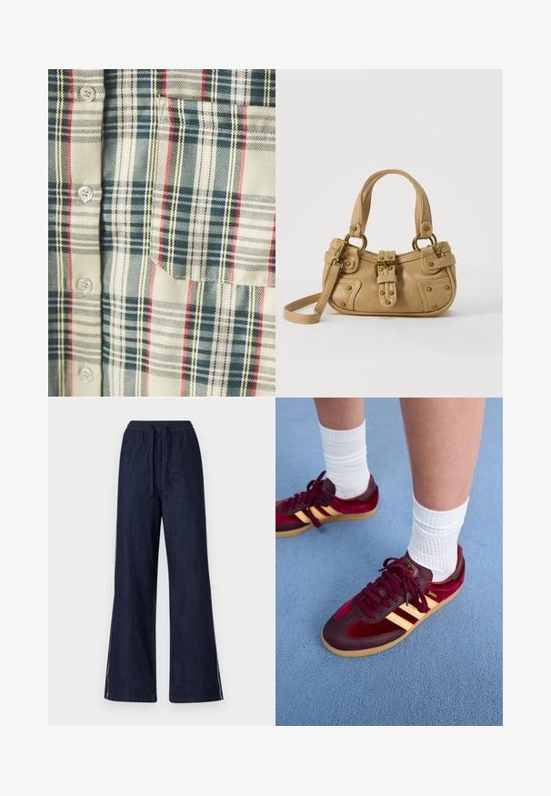 Rutet skjorte i creme med mørkegrønne, røde og gule accentuer. Har en lomme og runde knapper, lavet af et blødt, vævet stof.; Bredde benbukser i mørk denim, med elastisk talje og snøre, samt hvide sidelister på hvert ben. Glat tekstur.; Bordeaux ruskind og læder sneakers med gule striber og gummisål. Hvide ribbede sokker synlige over anklen, placeret på en blå struktureret overflade.; Beige læderhåndtaske med dobbelte håndtag, messing spænde og nitte detaljer samt en justerbar skulderrem mod en hvid baggrund.