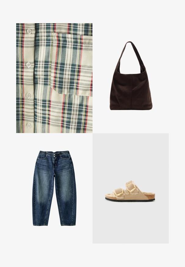 Rutet skjorte i creme med mørkegrønne, røde og gule accentuer. Har en lomme og runde knapper, lavet af et blødt, vævet stof.; Mørkeblå denimjeans med løs pasform, forlommer, to sølvknapper og falmede områder på lårene og knæene.; Beige slidesandaler har to spænder, pelsforing og en tekstureret korksål, der fremhæver et blødt ruskinds materiale med et rundt tådesign.; Brun ruskind skuldertaske med et bredt, fladt håndtag. Blød, ustruktureret design med en central søm. Ingen synlig hardware eller udsmykninger.