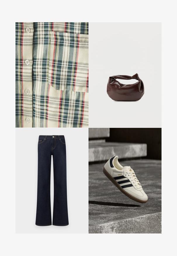 Rutet skjorte i creme med mørkegrønne, røde og gule accentuer. Har en lomme og runde knapper, lavet af et blødt, vævet stof.; Mørkeblå vidde denimjeans med forlommer, knap- og lynlåslukning samt synlige kontrastsyninger.; Hvid Adidas Samba sneaker med sorte striber og gummsål, svævende over teksturerede grå betonstrin.; Mørkebrun læder skuldertaske med en blød, afslappet form og et snoet knudehåndtag på en ensartet hvid baggrund.