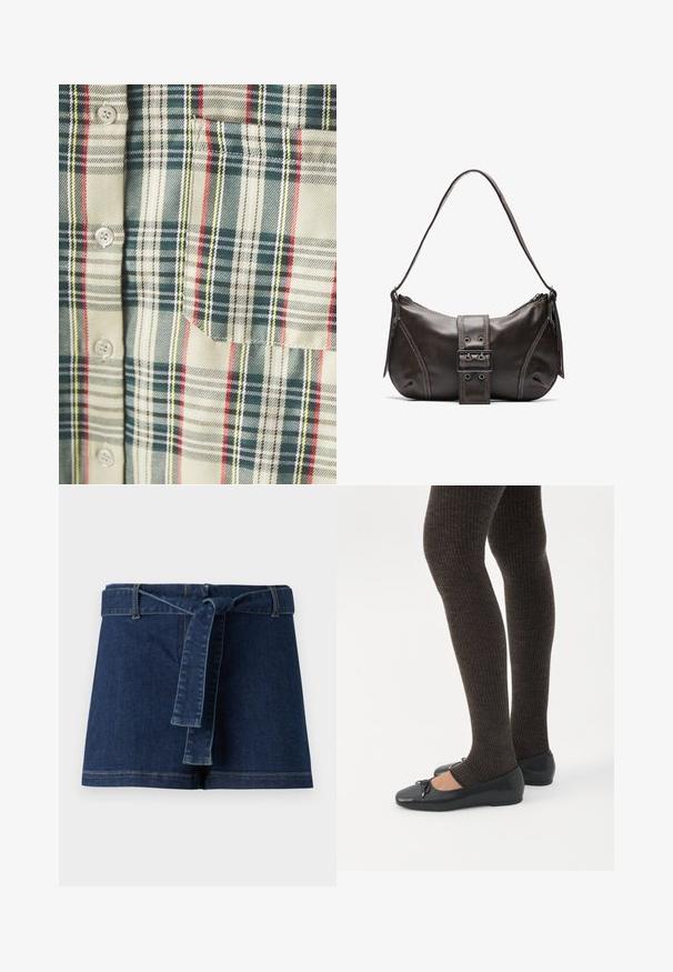 Rutet skjorte i creme med mørkegrønne, røde og gule accentuer. Har en lomme og runde knapper, lavet af et blødt, vævet stof.; Denim shorts i mørkeblå, med en bred talje og et stofbælte. Glat tekstur med synlige stikningsdetaljer ved kanten.; Ben iført mørke ribbede leggings kombineret med sorte balletsko med små sløjfedetaljer på hvid baggrund.; Brun læder skuldertaske med en buet form, der har et fremtrædende spænde, kontrasterende syninger og en enkelt skulderrem.