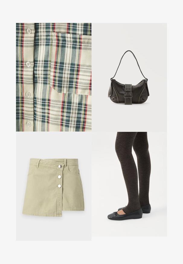 Rutet skjorte i creme med mørkegrønne, røde og gule accentuer. Har en lomme og runde knapper, lavet af et blødt, vævet stof.; Beige denim omlægningnederdel med sølvfarvede trykknapper foran og bæltestropper, der har en let overlapning på højre side foran.; Ben iført mørke ribbede leggings kombineret med sorte balletsko med små sløjfedetaljer på hvid baggrund.; Sort læder skuldertaske med spænde på remmen, afrundede kanter og kontrasterende hvide syninger på en ensfarvet baggrund.