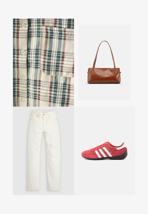 Rutet skjorte i creme med mørkegrønne, røde og gule accentuer. Har en lomme og runde knapper, lavet af et blødt, vævet stof.; Hvide denimjeans med lige ben, lukning med knap og lynlås, for- og baglommer samt kobberforstærkninger.; Rød ruskind atletiksko med hvidt trestribet design, sort gummisål og minimalistisk form. Gulddetalje med logo på siden.; Rektangulær brun læderhåndtaske med to lange skulderremme, glat blank finish og minimalistisk design på en ensfarvet baggrund.