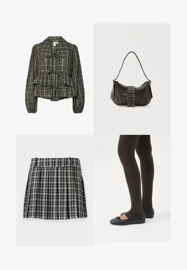 Blusa de manga larga a cuadros en verde oliva con collar oversized, cintura fruncida, detalle de peplum y tres lazos atados en la parte delantera.; Falda plisada de cuadros en blanco y negro con una cintura suave y múltiples pliegues verticales. Fabricada en un tejido ligero.; Piernas con leggings oscuros acanalados combinados con bailarinas negras que presentan pequeños detalles de lazo sobre un fondo blanco.; Bolso de hombro de cuero negro con detalle de correa con hebilla, bordes curvos y costuras blancas en contraste sobre un fondo liso.