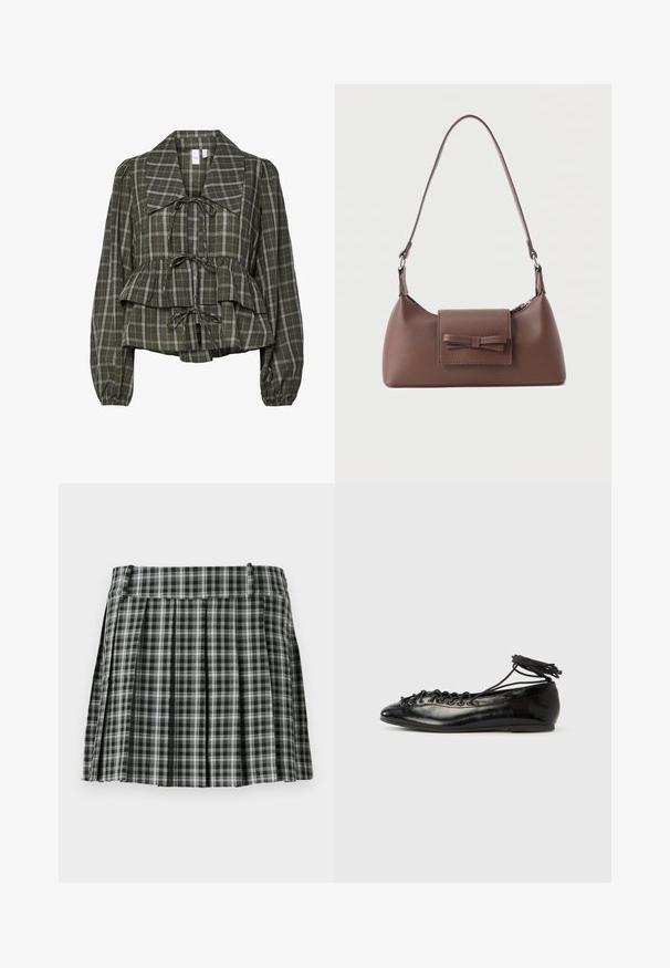 Olijfgroene geruite blouse met lange mouwen, oversized kraag, geraffineerde taille, peplumdetail en drie gestrikte strikken aan de voorkant.; Zwart-wit geruite geplisseerde rok met een gladde tailleband en meerdere verticale plooien. Gemaakt van lichte stof.; Zwarte ballerina's van lakleer met een afgeronde neus, veterdesign en een platte zool. Glad oppervlak met minimale details.; Bruine leren schoudertas met een voorvak met klep en een gestikte strikdetail en een verstelbare band.