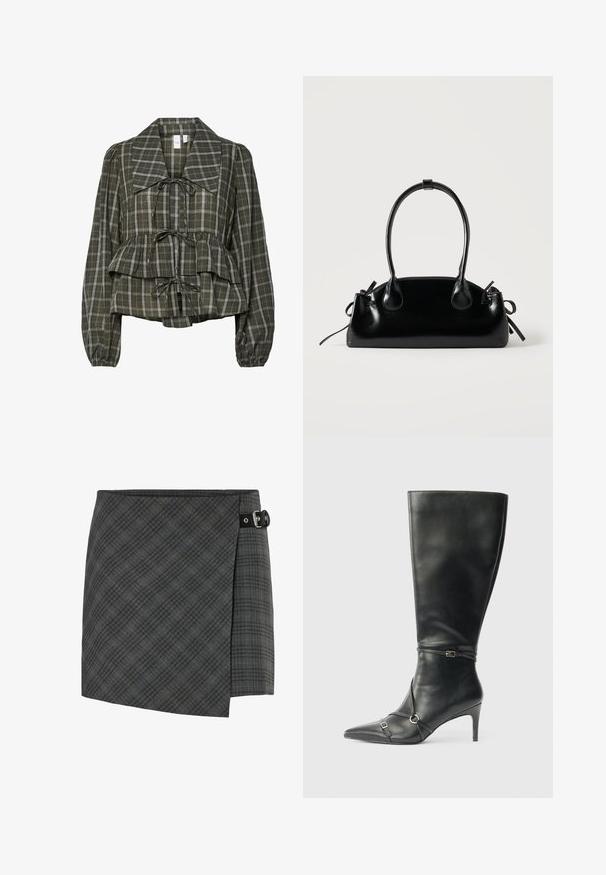 Blusa de manga larga a cuadros en verde oliva con collar oversized, cintura fruncida, detalle de peplum y tres lazos atados en la parte delantera.; Falda de lana a cuadros gris oscuro con detalle de hebilla negra en el lado derecho, dobladillo recto y un sutil patrón de líneas diagonales.; Botas negras de cuero hasta la rodilla con tacón delgado, punta afilada y detalles de diseño con correas en el tobillo. Textura suave y diseño ajustado.; Pequeño bolso negro brillante con dos asas largas y detalles de cordón lateral sobre un fondo claro liso.