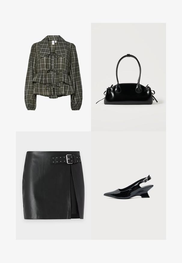 Blusa de manga larga a cuadros en verde oliva con collar oversized, cintura fruncida, detalle de peplum y tres lazos atados en la parte delantera.; Minifalda de piel sintética negra con cinturón ajustable que presenta una hebilla de plata y detalles de tachuelas, diseño de envoltura frontal y textura suave.; Zapato slingback de cuero charol negro con puntera puntiaguda y tacón bajo en bloque inclinado sobre fondo claro liso.; Pequeño bolso negro brillante con dos asas largas y detalles de cordón lateral sobre un fondo claro liso.