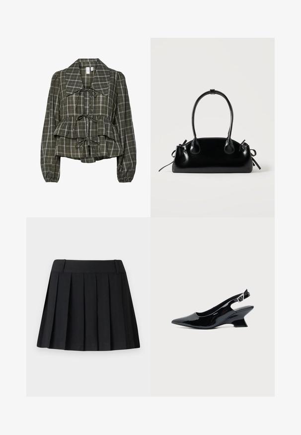 Blusa de manga larga a cuadros en verde oliva con collar oversized, cintura fruncida, detalle de peplum y tres lazos atados en la parte delantera.; Falda negra con pliegues y cintura ajustada, hecha de tejido ligero. Presenta pliegues espaciados uniformemente y un diseño simple y limpio.; Zapato slingback de cuero charol negro con puntera puntiaguda y tacón bajo en bloque inclinado sobre fondo claro liso.; Pequeño bolso negro brillante con dos asas largas y detalles de cordón lateral sobre un fondo claro liso.