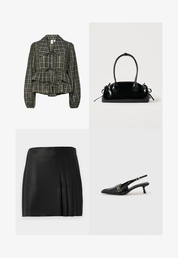 Blusa de manga larga a cuadros en verde oliva con collar oversized, cintura fruncida, detalle de peplum y tres lazos atados en la parte delantera.; Mini falda de piel sintética negra con un frente liso y detalle plisado en el lado derecho, que cuenta con un cierre de cremallera en la parte posterior.; Zapatos de tacón bajo con tira trasera de charol negro, puntera puntiaguda, textura de cocodrilo y detalles de hebilla dorada.; Pequeño bolso negro brillante con dos asas largas y detalles de cordón lateral sobre un fondo claro liso.