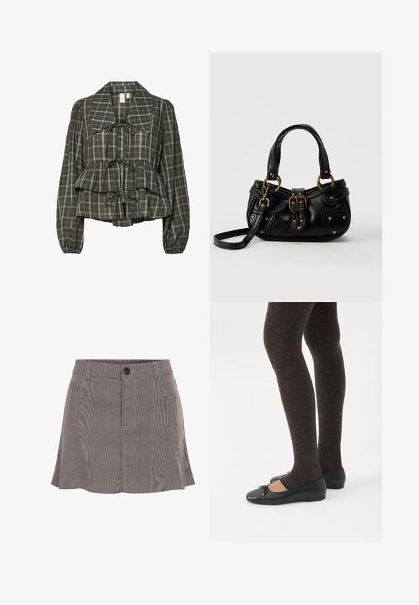 Olijfgroene geruite blouse met lange mouwen, oversized kraag, geraffineerde taille, peplumdetail en drie gestrikte strikken aan de voorkant.; Geruite rok in zwart en wit, gemaakt van lichte stof, met een tailleband met een knoop en een geplooid ontwerp voor extra detail.; Benen met donkere geribbelde leggings gecombineerd met zwarte ballerina's met kleine strikdetails op een witte achtergrond.; Zwarte leren handtas met gouden gesp en klinknagel details, korte handvatten en een verstelbare schouderriem op een effen witte achtergrond.