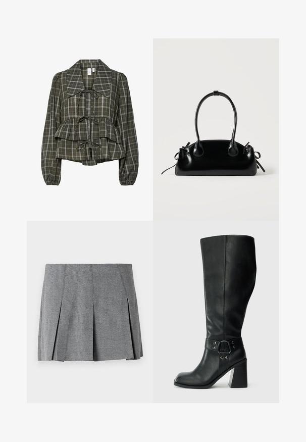 Blusa de manga larga a cuadros en verde oliva con collar oversized, cintura fruncida, detalle de peplum y tres lazos atados en la parte delantera.; Falda mini plisada gris fabricada en tejido texturizado, con un patrón de cuadros y un corte recto que presenta detalles de abertura lateral.; Botas de cuero negro hasta la rodilla con puntera cuadrada, tacón ancho y una correa decorativa con acentos metálicos alrededor del tobillo. Textura suave.; Pequeño bolso negro brillante con dos asas largas y detalles de cordón lateral sobre un fondo claro liso.