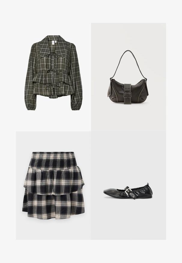 Olive roheline ruuduline pikkade varrukatega pluus, millel on ülikoopsaka krae, volangiga talje, peplum-detail ja kolm sidumist paela ees.; Mustra mustriline triibuline seelik must-valgel, smockatava vöökoha ja kihtide abil. Omab õrnu kihte ja pehmet puuvilla tekstuuri.; Must musta lamega, millel on terav nina, kokkukogutud detailid avause ümber ja hõbedane pandla aktsent reguleeritaval rihmal.; Mustast nahast õlakott pandlanööriga detailiga, kõverate servade ja kontrastse valge õmblusega tavalise tausta peal.