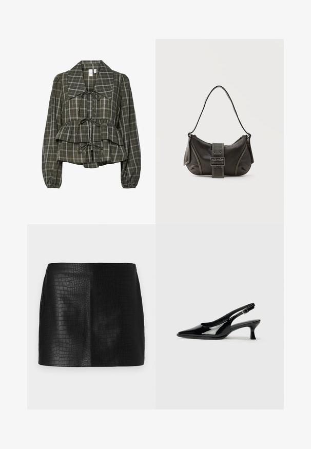 Blusa de manga larga a cuadros en verde oliva con collar oversized, cintura fruncida, detalle de peplum y tres lazos atados en la parte delantera.; Mini falda de piel sintética negra con un patrón de cocodrilo texturizado, que presenta un acabado suave y una forma entallada sin herrajes visibles.; Zapatos de charol negro tipo slingback con punta afilada y tacón bajo. Correa ajustable con hebilla en el tobillo.; Bolso de hombro de cuero negro con detalle de correa con hebilla, bordes curvos y costuras blancas en contraste sobre un fondo liso.