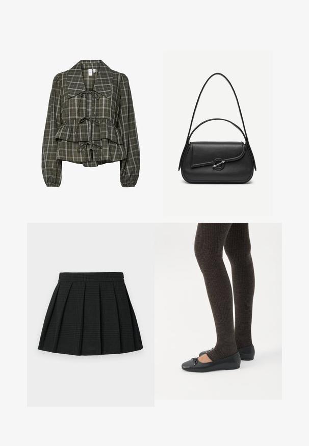Olive roheline ruuduline pikkade varrukatega pluus, millel on ülikoopsaka krae, volangiga talje, peplum-detail ja kolm sidumist paela ees.; Mustmustritsistmust mustmust desmust riitē mustlahuseestatud. Mustmust ende mustmust elmustkizmust ja peen mustplaidmust mustlemust. Lühike mustpikkus mustkihtmust mustmustmustriitmust.; Jalad seljas tumedad soonelises soonelises kombines mustade baleriinadega, millel on väikesed paelade detailid valgel taustal.; Mustast nahast käekott ümarate äärtega, asümmeetrilise kaanega, metallist ümar lukk ja nii lühikeste kui ka pikkade õlapaeltega.
